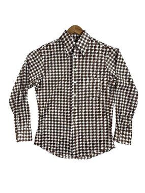 Vintage MW Shirt Mens Medium Brown Houndstooth Sheer Button Up Long Sleeve 70s